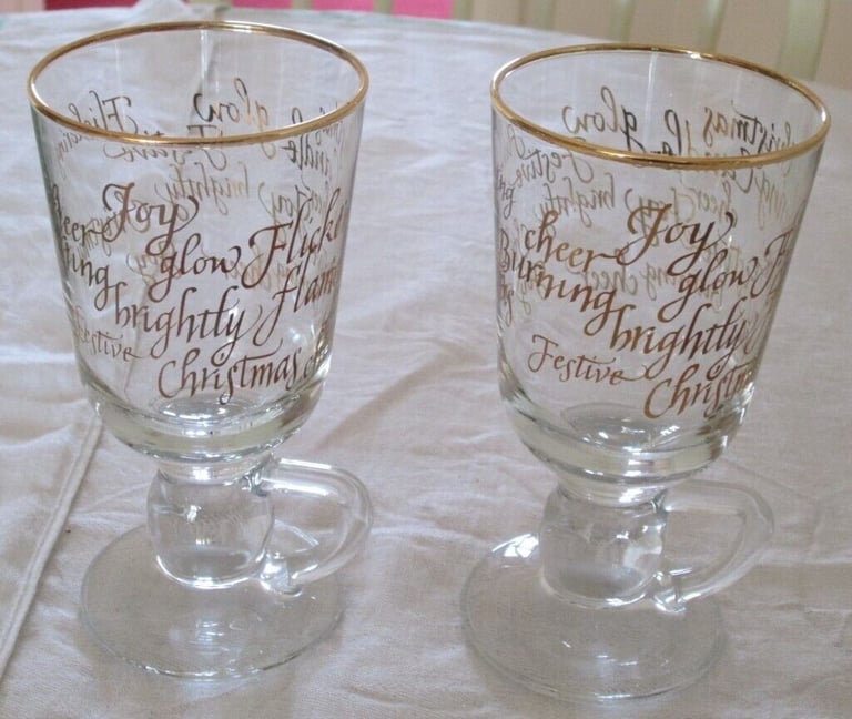 Brand new, never used, Pair highly decorative stemmed GLASS COFFEE CUPS, GOLD COLORED TRIM/EDGING