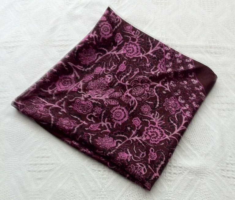 image for Scarf, wine colour with pink flower and Hand rolled edges,size 34''x34''