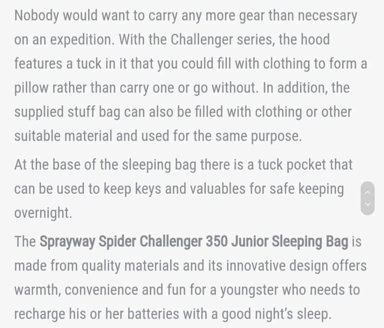 £10 Sprayway Spider Challenger 350 Junior Sleeping Bag