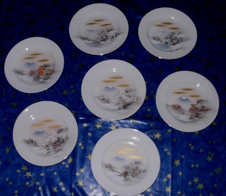 image for collection of 7 Japanese plates handpainted