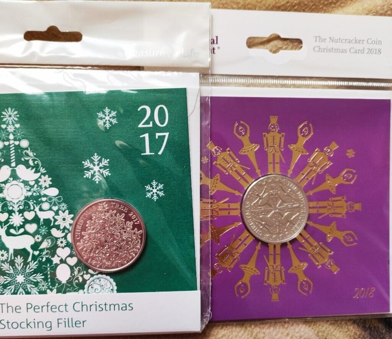    2017+2018 - Christmas Tree + Nutcracker 5 Pound Coin Royal Mint  2 packs ,NICE FOR GIFY!