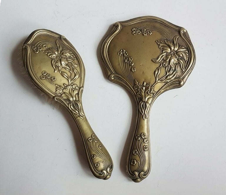 image for Antique Art Nouveau hand brush and mirror, made from brass, around 1900