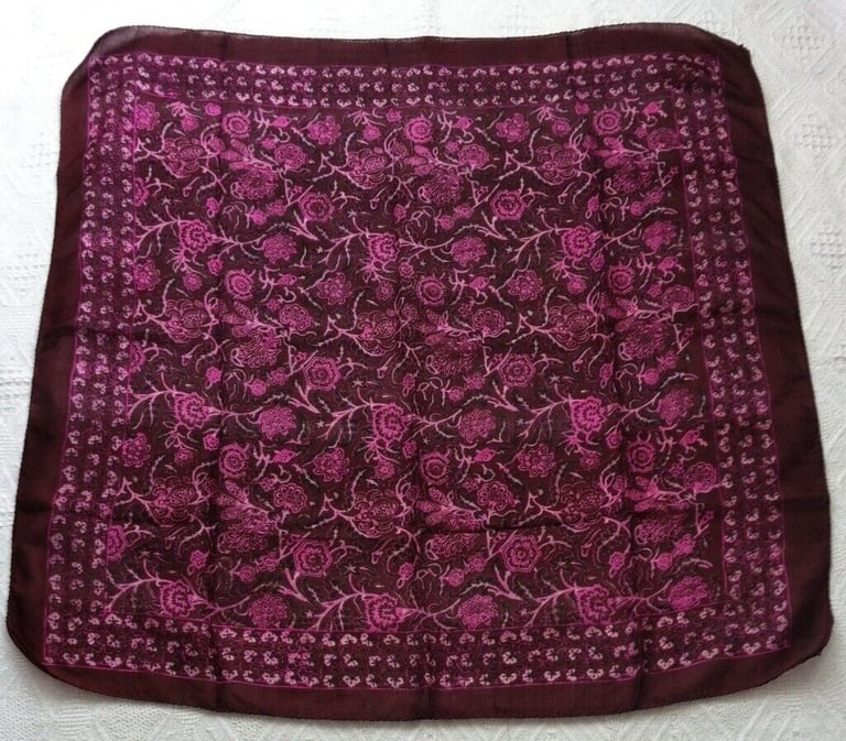 Scarf, wine colour with pink flower and Hand rolled edges,size 34''x34''