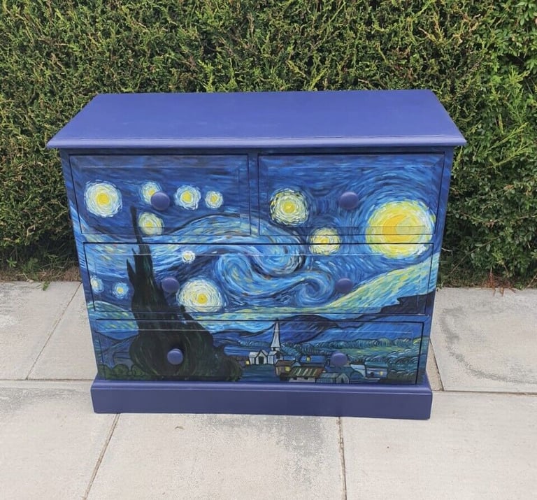 image for Solid pine wood, Handpainted Chest of drawers. Hand painted in the style of Vincent Van Gogh