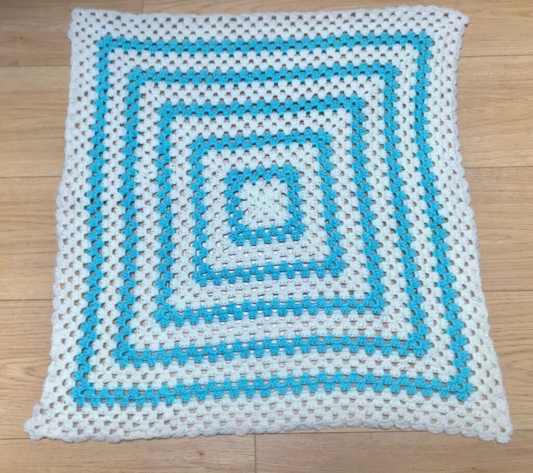 Vintage Hand Knitted Lemon Yellow Blue Geometric Wool Throw Granny Blanket 68sq