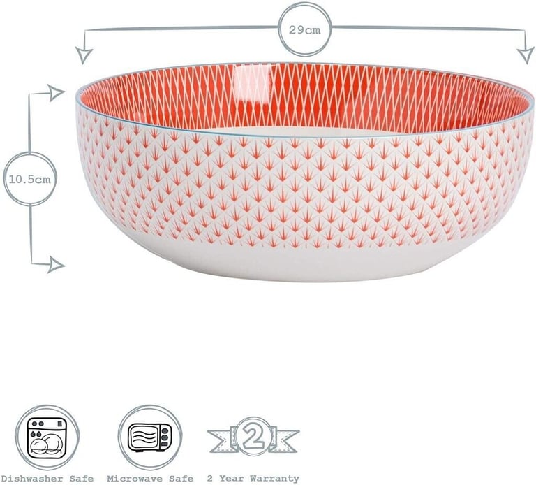 image for Nicola Spring Patterned Fruit Bowl - Large Porcelain Pasta Salad Serving Bowl - Coral - 29cm