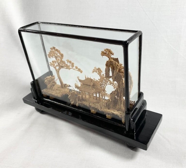 Vintage Chinese Carved Cork Diorama 20cm x 13.5cm