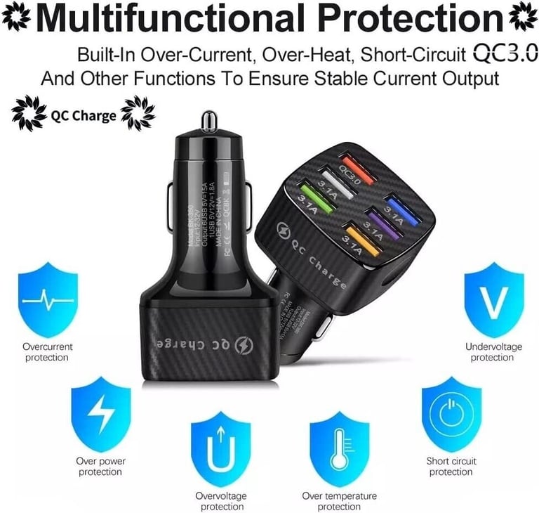 6 Ports Universal USB Car Charger Adapter Multi Light Car Cigarette Adapter Socket Charger 