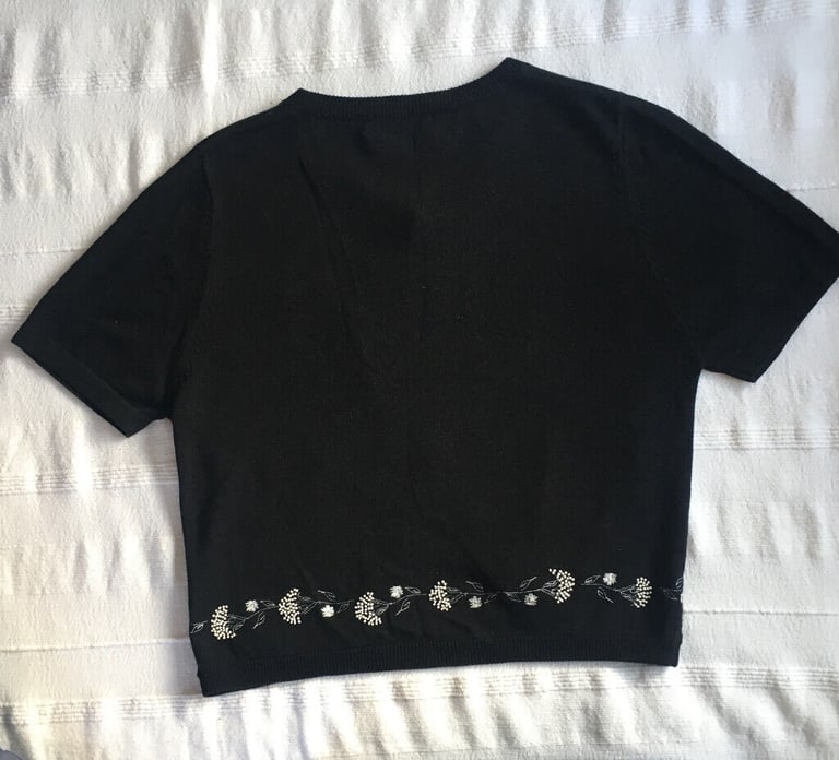 Women's black short sleeve cardigan, embroidered, bead embellished. 32-34 inch bust.