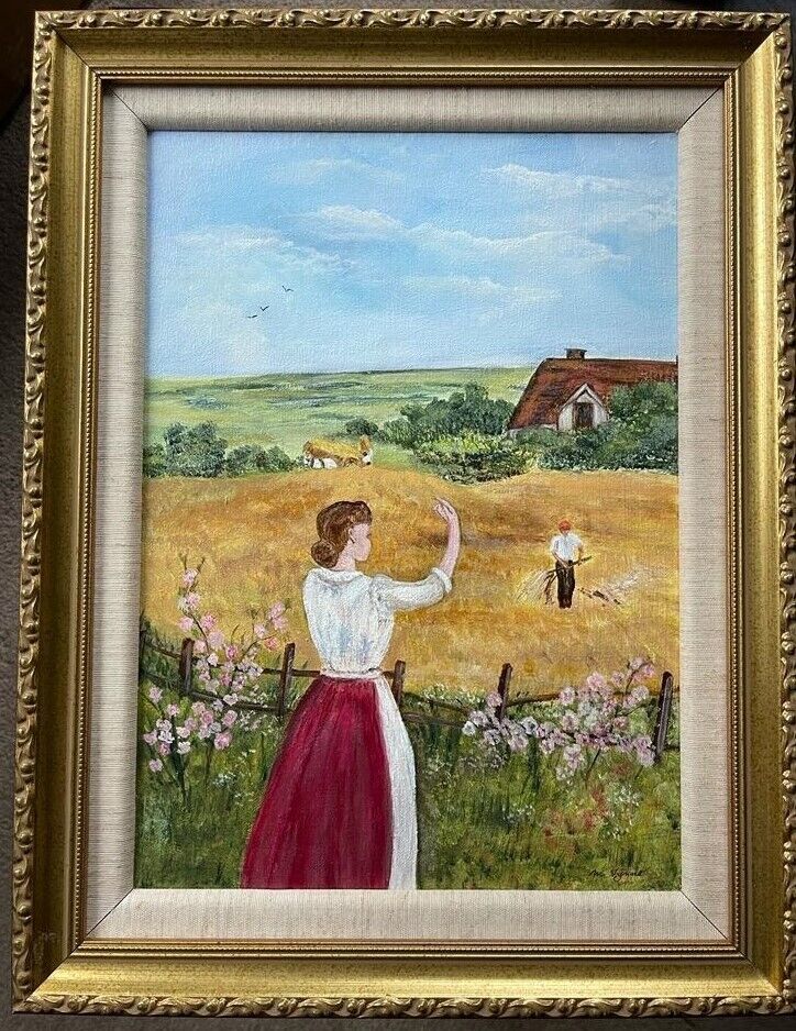 Original acrylic painting on canvas, harvest scene, professionally framed & signed by artist