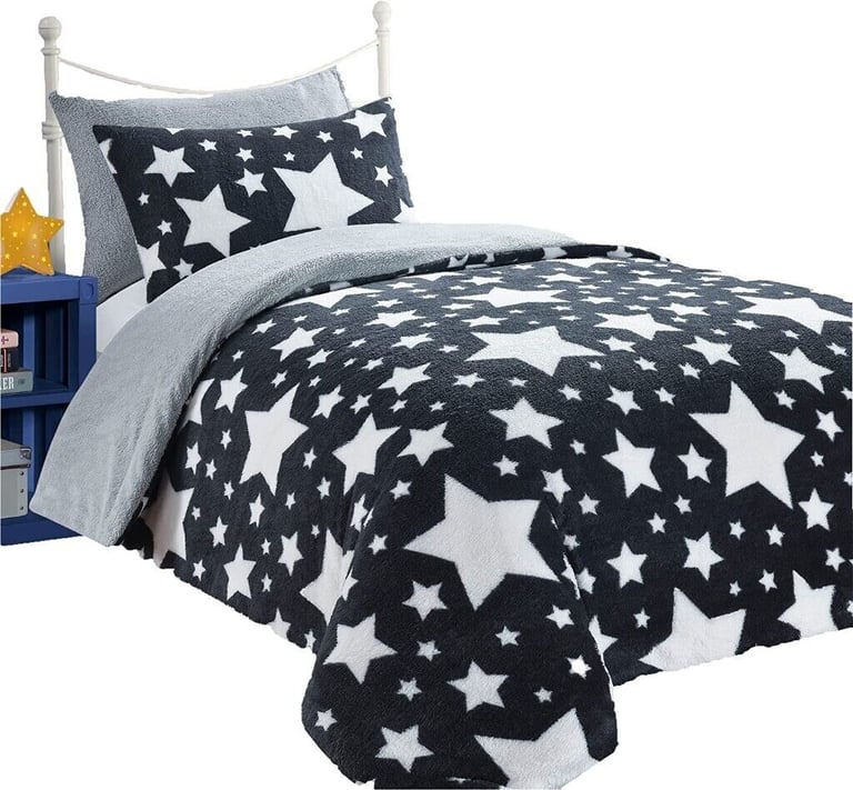 Kids Teddy Fleece Stars Double Duvet Cover & 2 Pillows Set - Charcoal & Silver