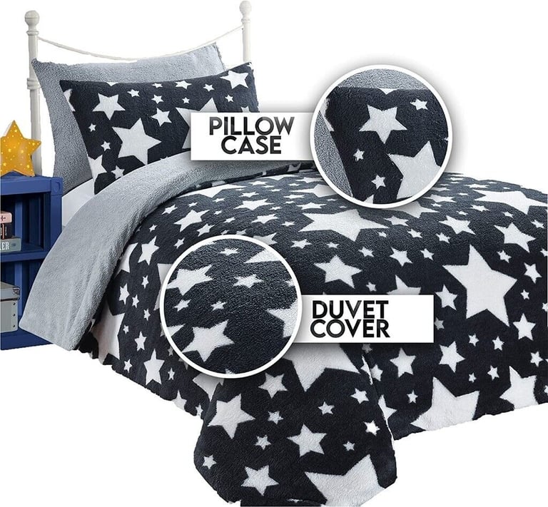 Kids Teddy Fleece Stars Double Duvet Cover & 2 Pillows Set - Charcoal & Silver