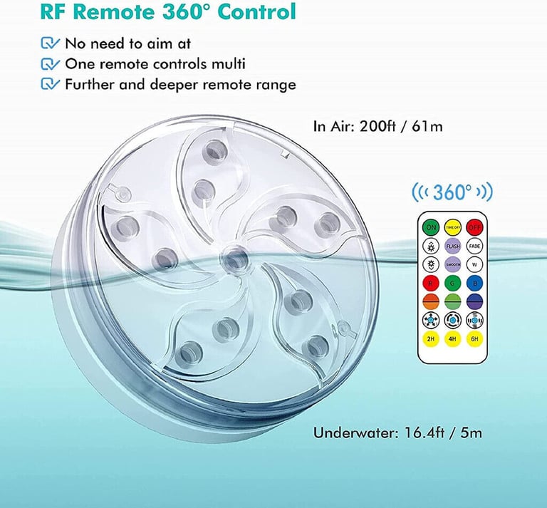 4 PACK SUBMERSIBLE LED POOL LIGHTS WITH 2 WIRELESS REMOTEs SUCTION CUPS MAGNETS.