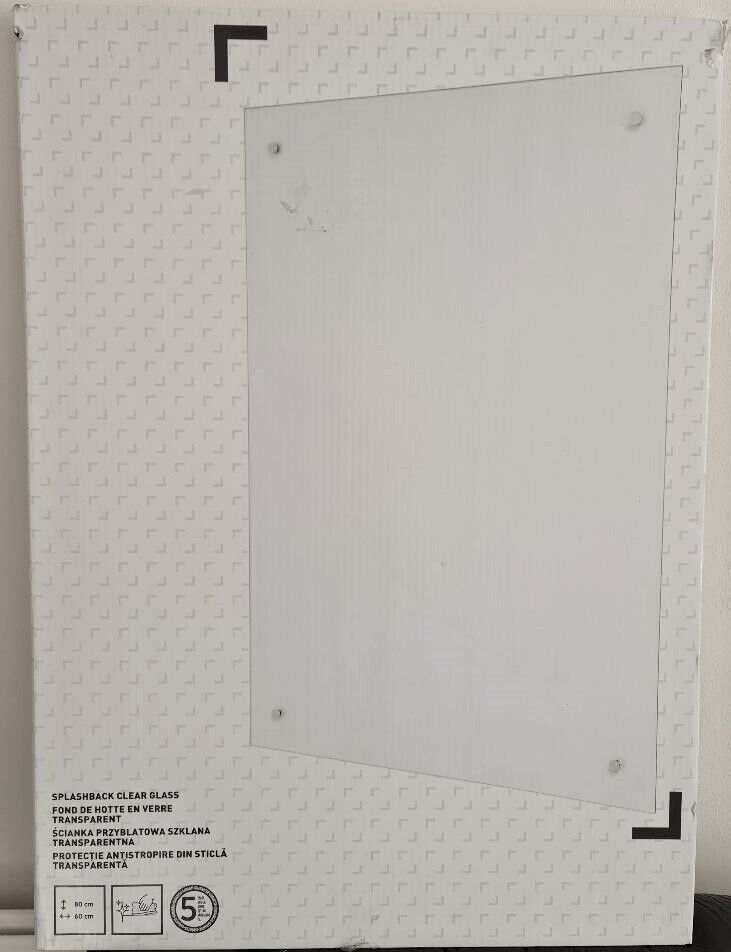 image for B & Q TEMPERED GLASS SPLASHBACK. NEW UNOPEN. 80cm x 60cm