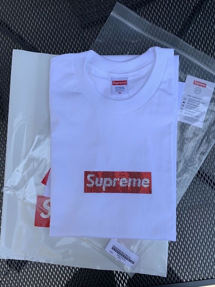 Supreme Swarovski Box Logo White Tee T Shirt, Size XL Extra Large, SS19