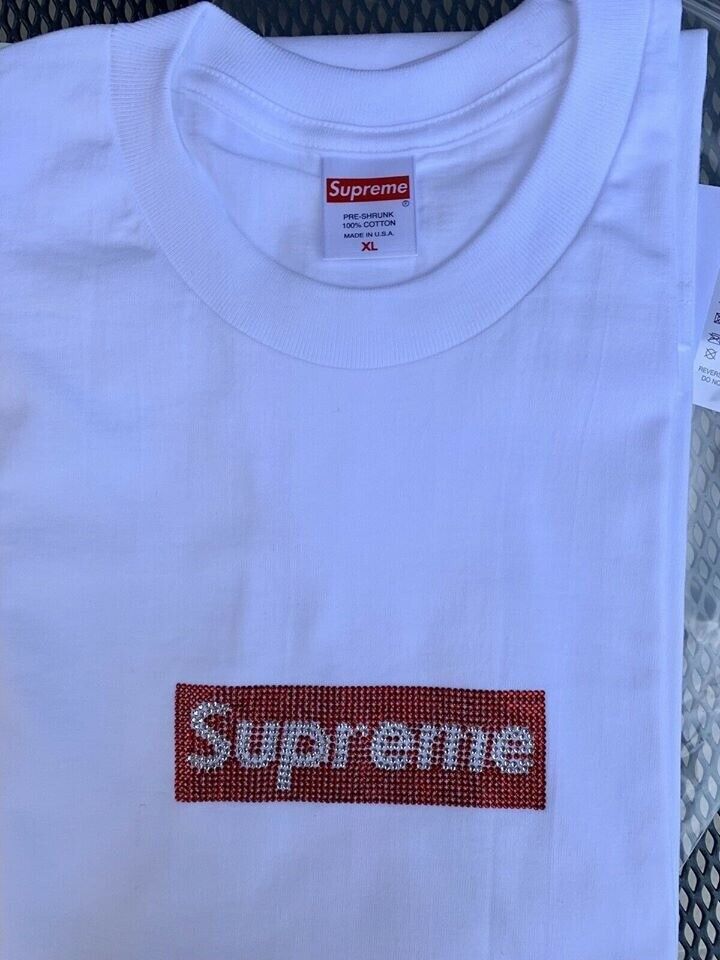 image for Supreme Swarovski Box Logo White Tee T Shirt, Size XL Extra Large, SS19