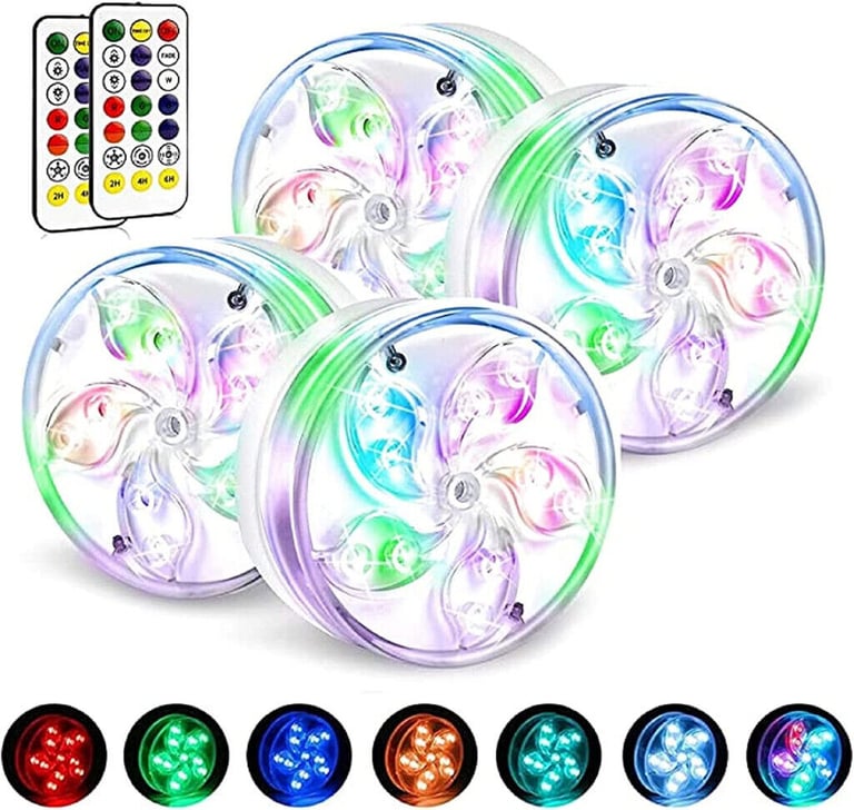 image for 4 PACK SUBMERSIBLE LED POOL LIGHTS WITH 2 WIRELESS REMOTEs SUCTION CUPS MAGNETS.