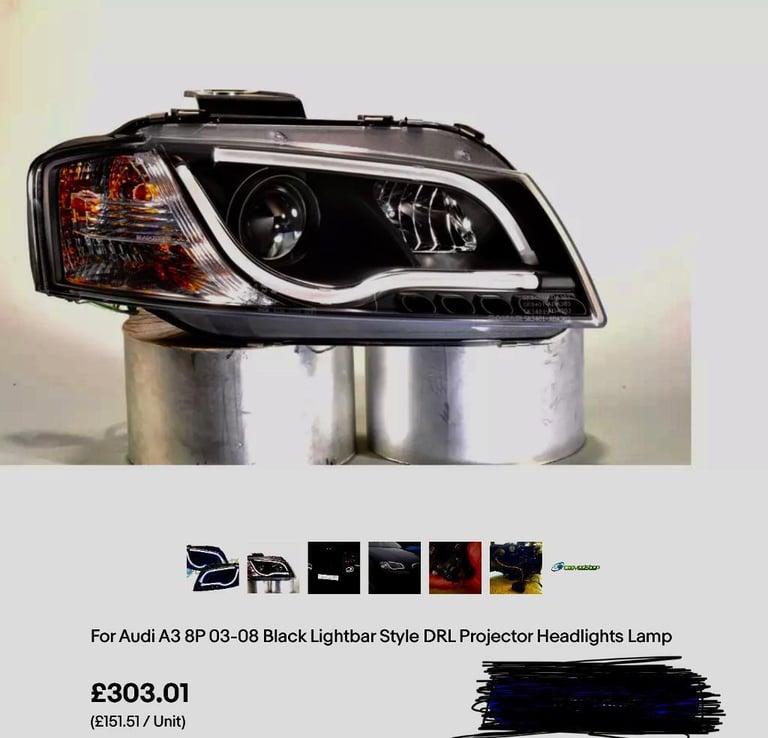 image for Audi A3 8P 03-08 Black Lightbar Style DRL Projector Headlights Lamp