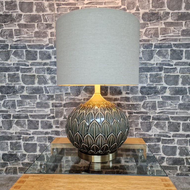 image for Ceramic Table Lamp with Patterned Base & Gold-Lined Shade – Excellent Condition