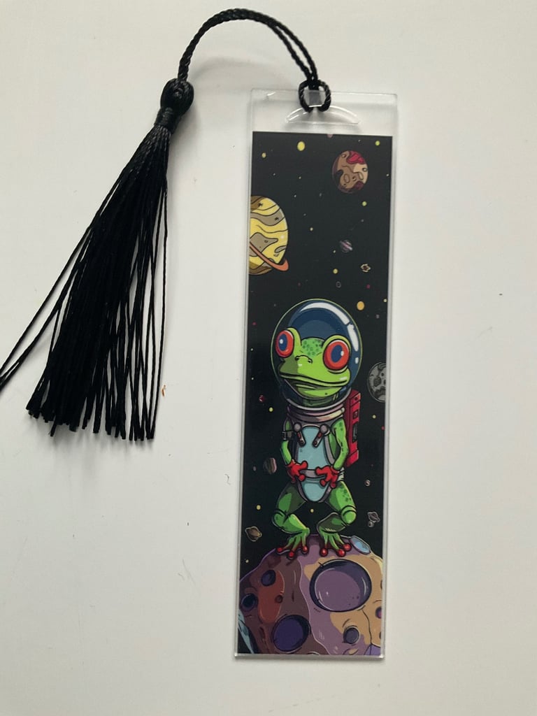 image for Whimsical frog spaceman quirky acrylic bookmark gift 