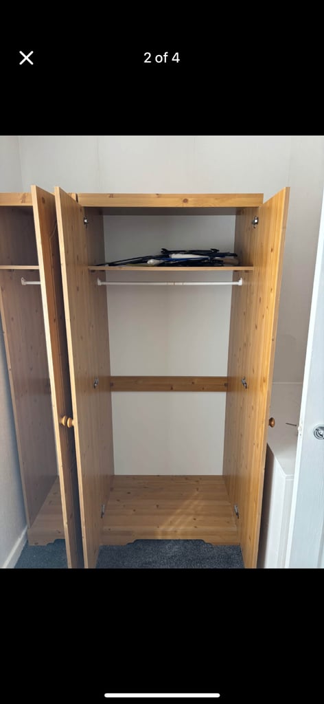 pine veneer triple wardrobe and set of drawers 