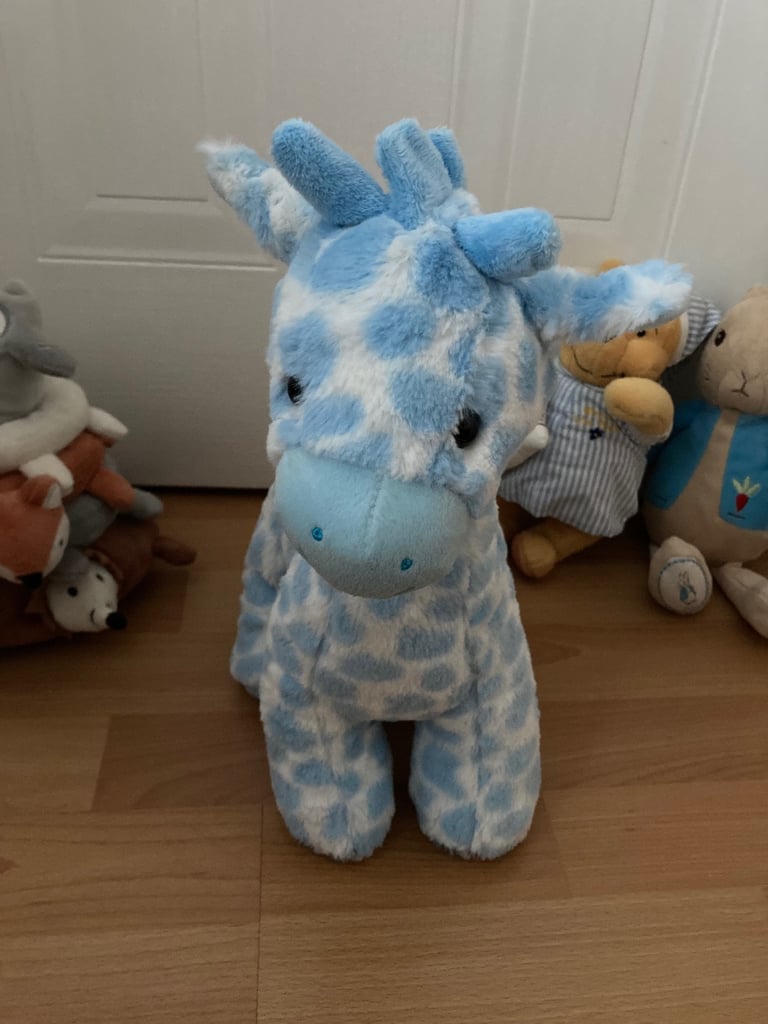 Selection of soft toys inc Peter rabbit bunny, giraffe, Winnie the Pooh and animal stacking ring