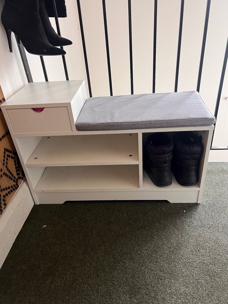 White shoes storage bench with cushion seat