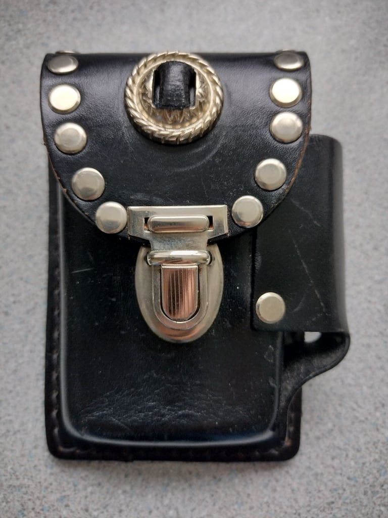 image for Unused Vintage Belt Pouch Thick Black Leather with Chrome Stud detail