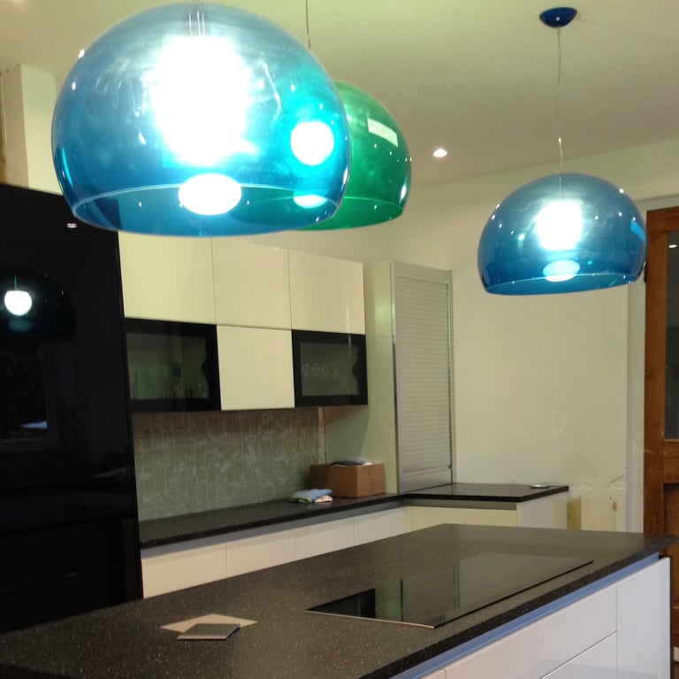 Kartell FLY Petrol Blue and Emerald pendant ceiling lights