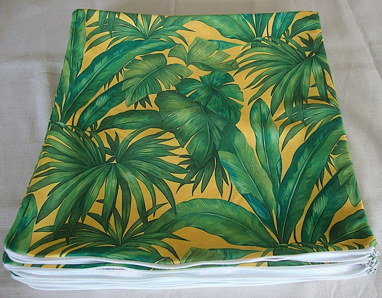 4 cushion covers 40cm x 40cm, (16 x 16 inches), Tropical foliage green & yellow, new