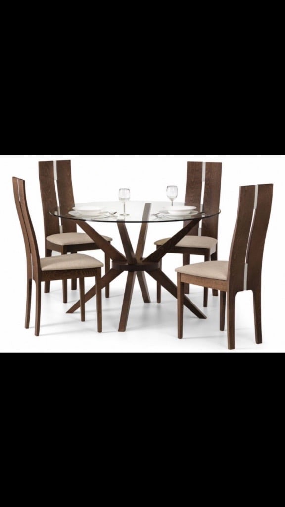 Brand new walnut/glass dining table and 4 chairs 