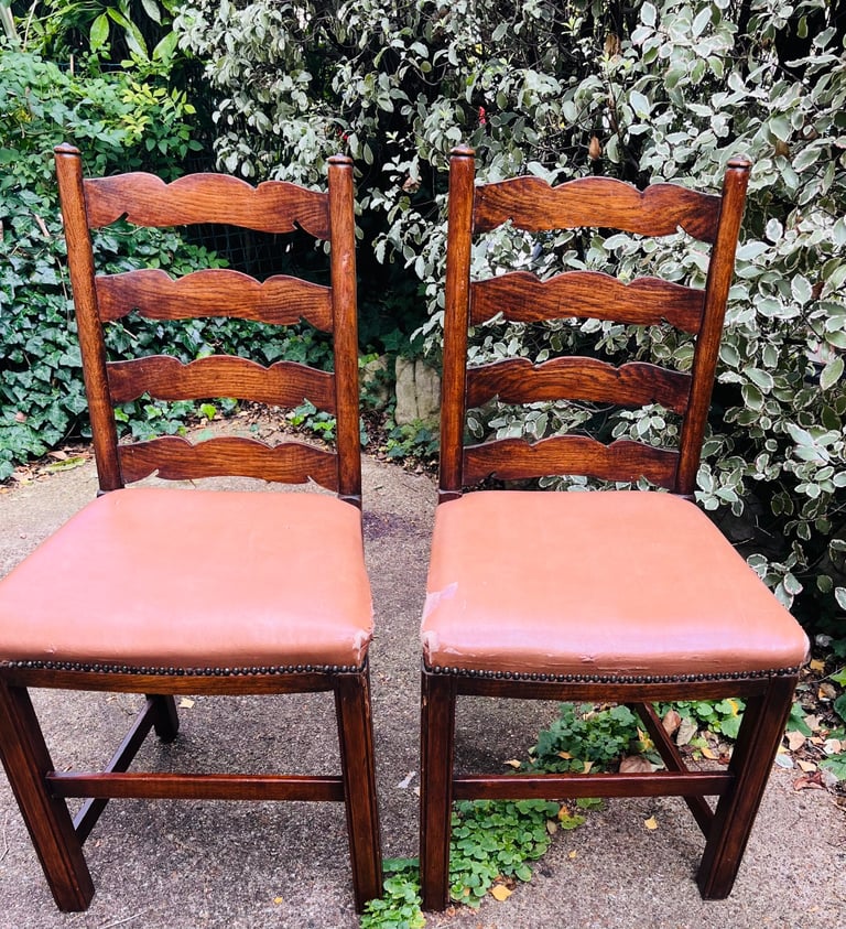 Pair of Vintage Wooden Ladder-Back Dining Chairs – Tan Faux Leather Seats