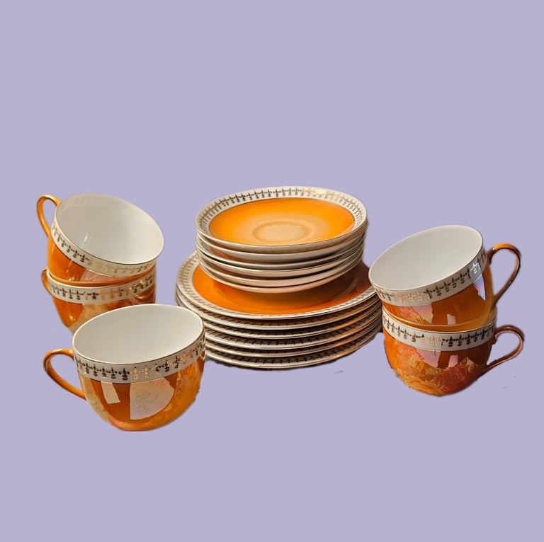Vintage "Victoria China" Lustre Orange Tea Cups, Saucers & Cake Plates - Set of 5