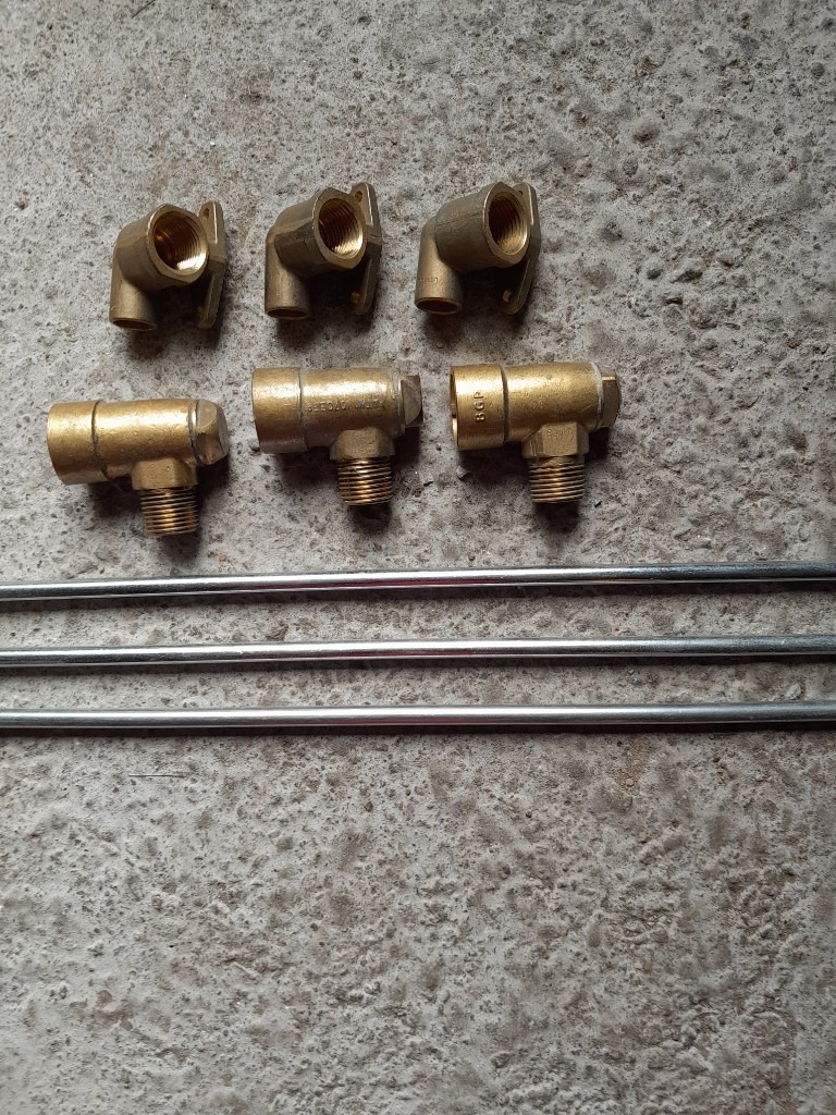 image for  3 Gas Cooker Bayonets c/w Backplates and 3 x 8mm Chrome  Gas Fire Pipes, all new, unused
