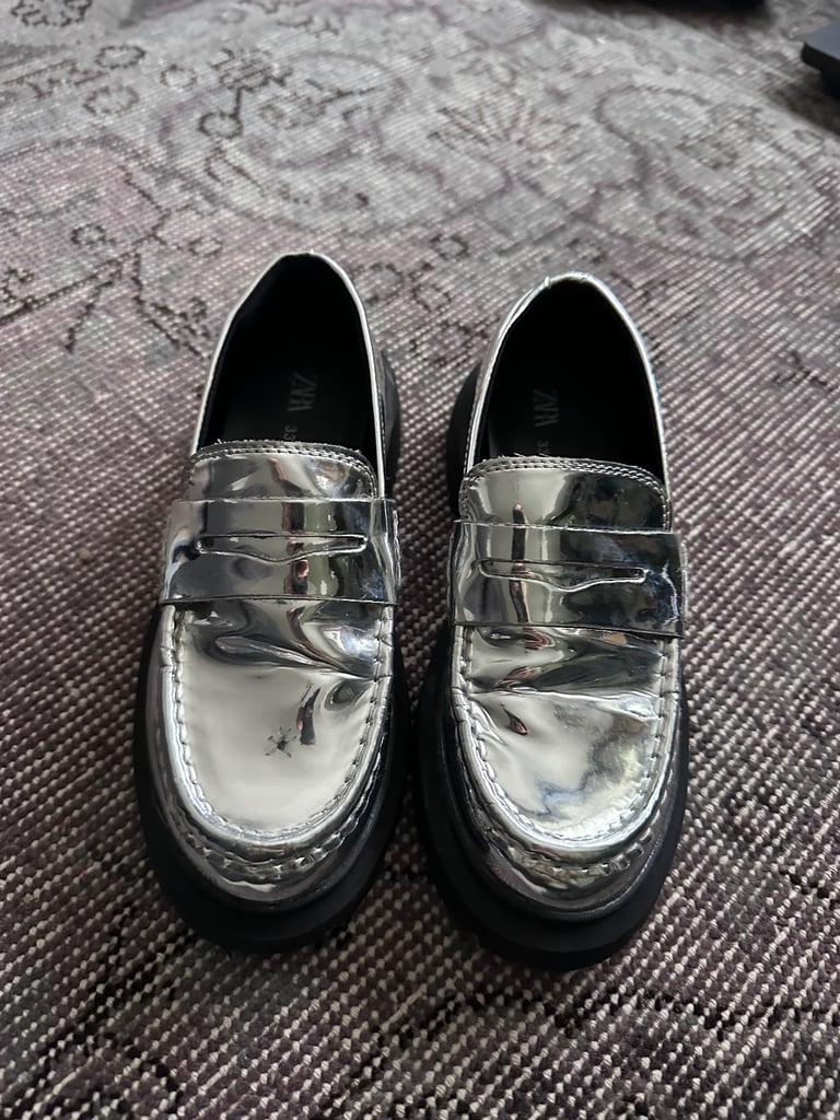 image for Zara girls silver loafers EU33