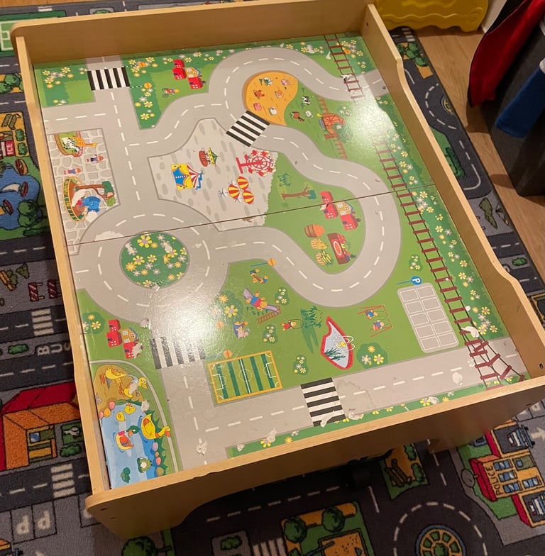 Kids wooden train table with drawer