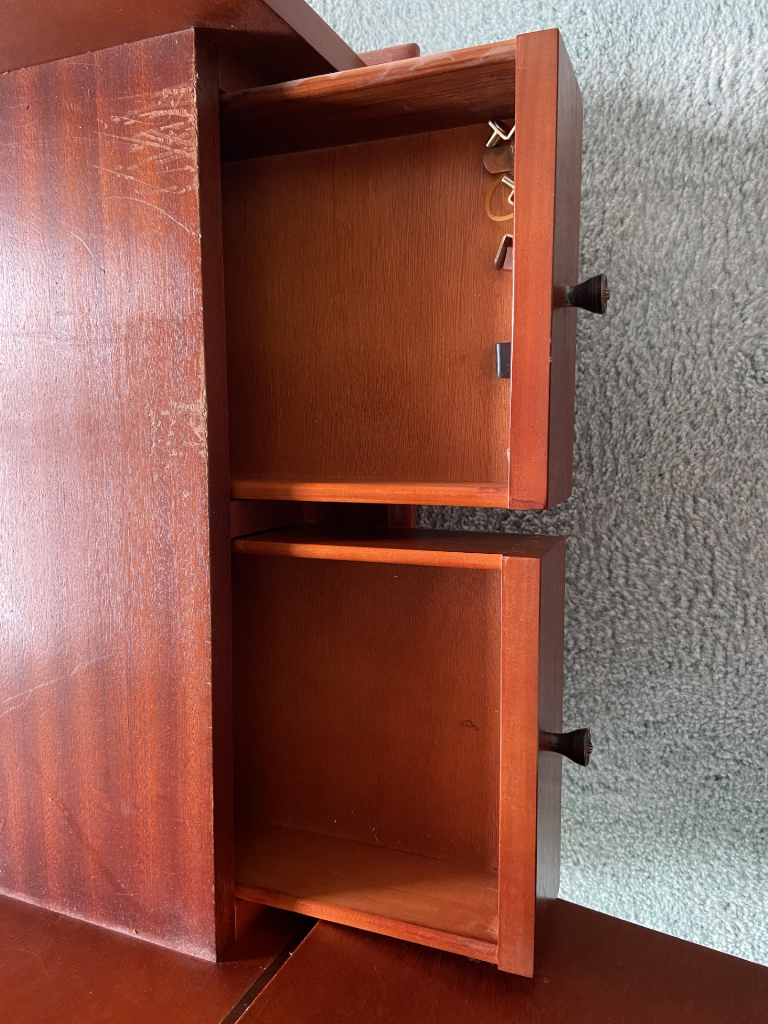 Drinks cabinet with hinged lift up lid, shelf and 2 drawers