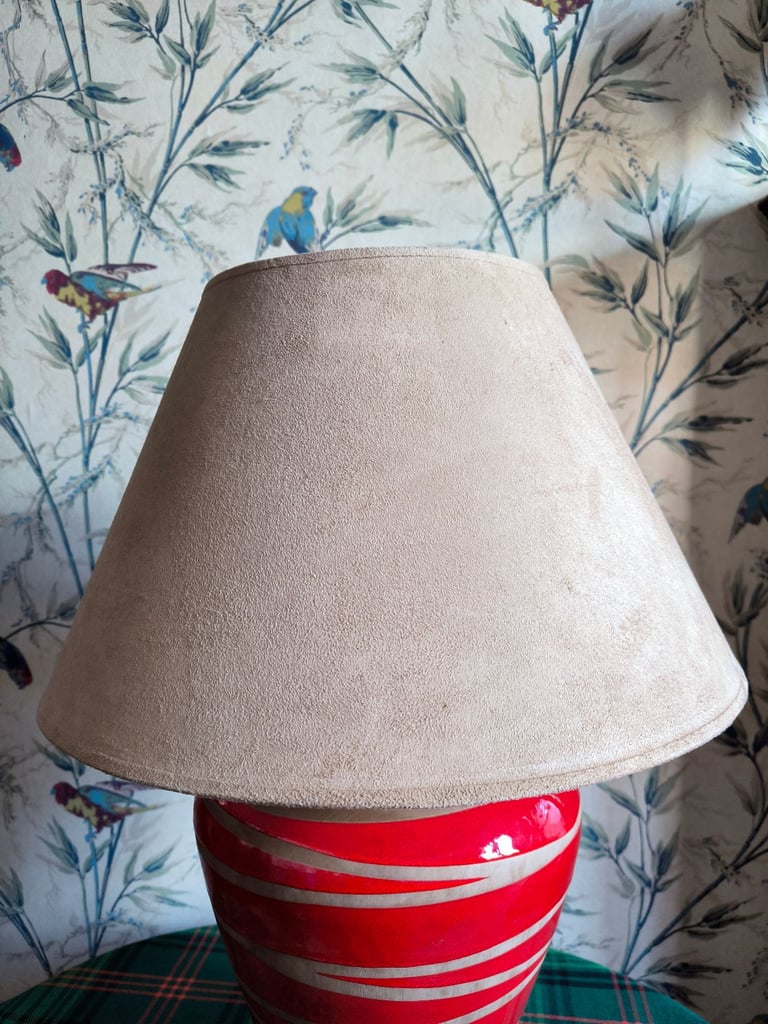 Matching Pair of Red Ceramic Table Lamps with Tan shades