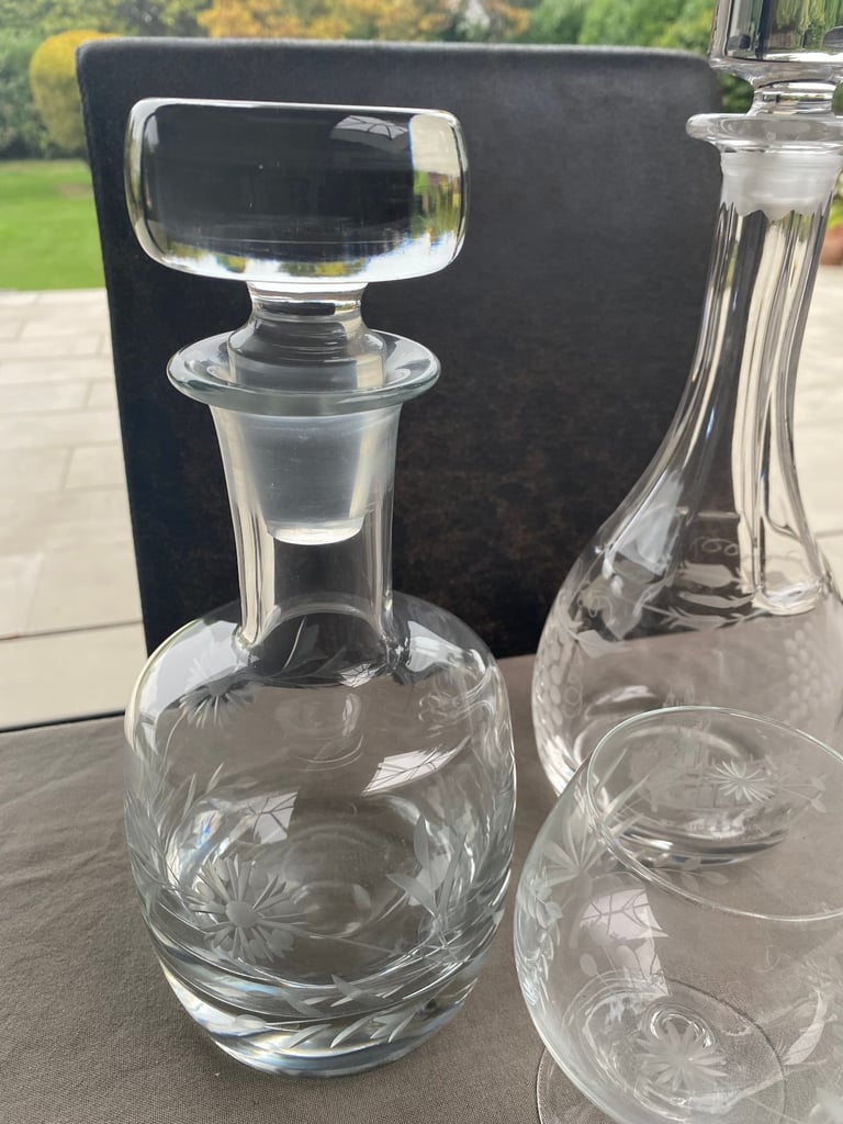 2 x beautiful Cut Glass decanters + one matching brandy balloon glass