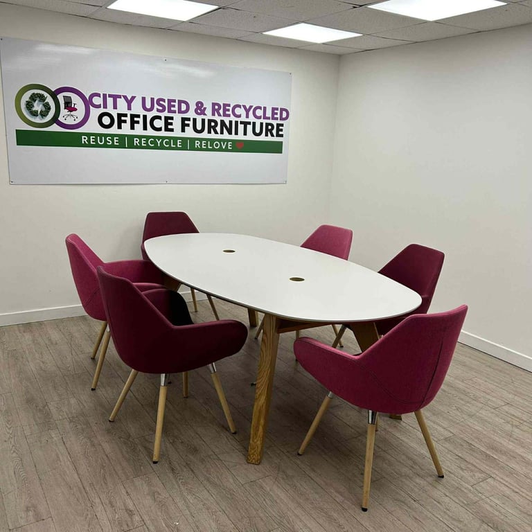 SET – Boardroom Table Grey/Oak with 6 x Profim Lounge Chairs (Pink / Maroon / Oak), W2200mm