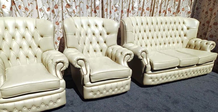 Beige Chesterfield 3 seater sofa and 2 armchairs