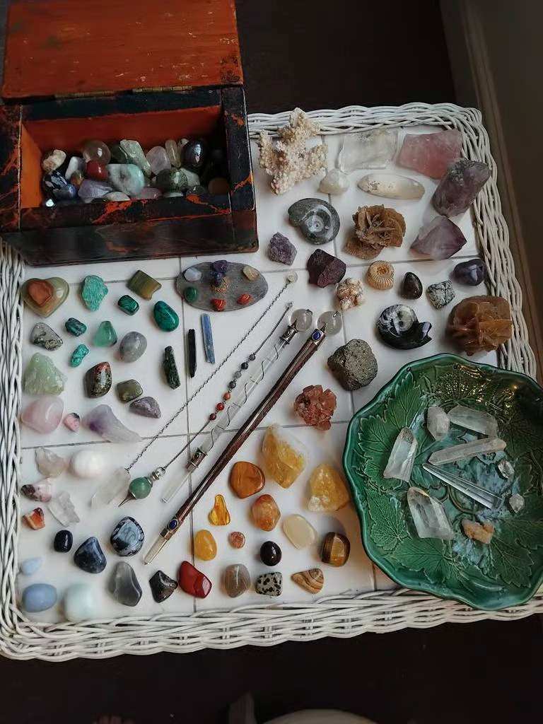 A Large Amount of Crystals, Some Natural, and Tumblestones, 2 Crystal Wands, and 2 Crystal Pendulums