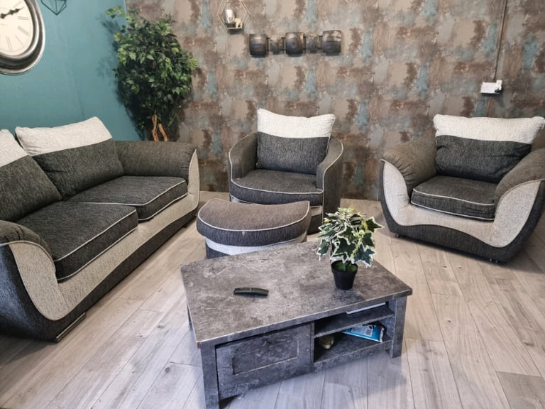 Scs grey fabric 3 seater sofa with swivel chair and arm chair in