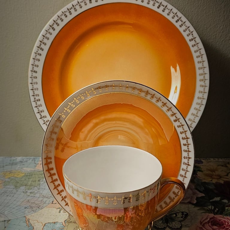 Vintage "Victoria China" Lustre Orange Tea Cups, Saucers & Cake Plates - Set of 5