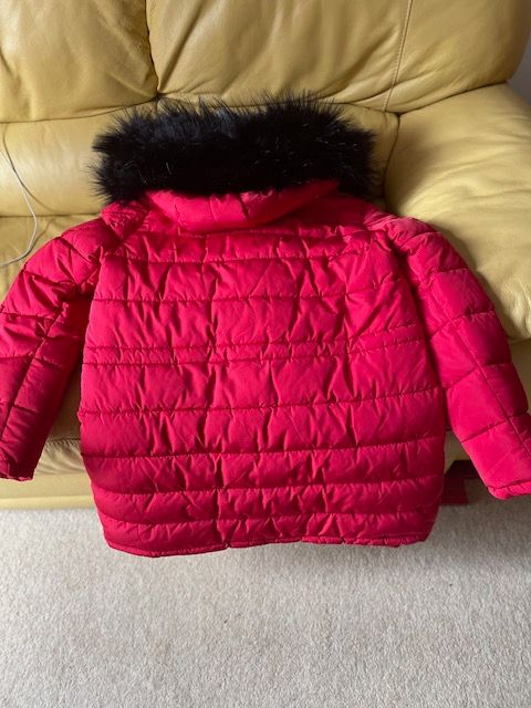 Red false-fur trimmed padded jacket
