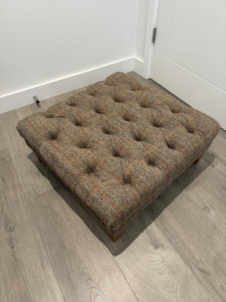 Harris Tweed Fabric Herringbone Buttoned Chesterfield Chair Low Footstool