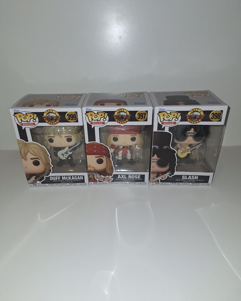 image for Funko Pop Guns N’ Roses Trio – Axl (397), Slash (398), Duff (399)