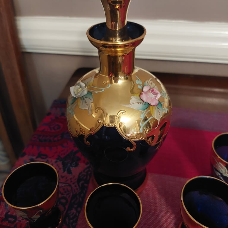 image for Cobalt Blue Murano (Venetian) Decanter and six miniature glasses
