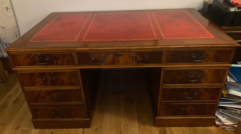 Vintage Pedestal Red Leather Mahogany Captain's Desk. 