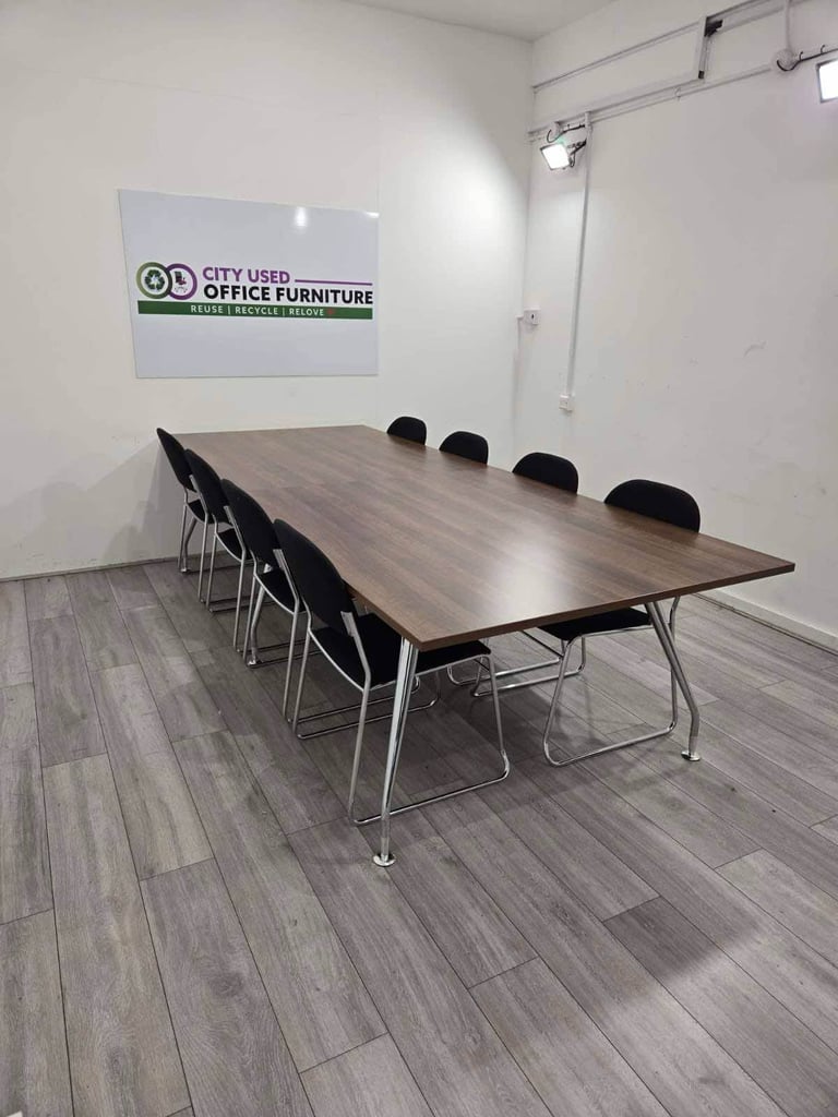 8–10 Person Boardroom Table – Walnut 2-Piece Top, Chrome Frame